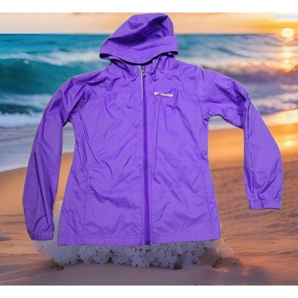 Columbia Windbreaker Jacket Girls Size M 10/12 Purple Excellent Hooded Full Zip‎
